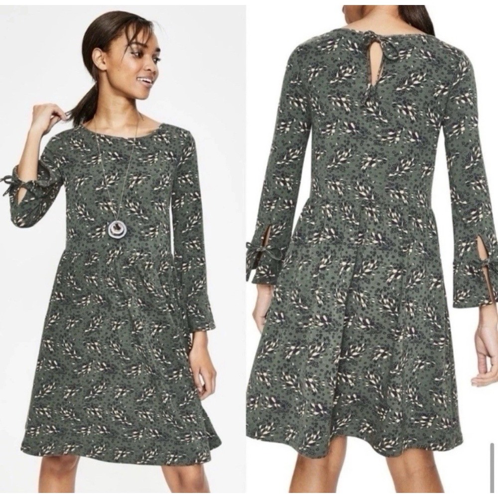 Boden Knit Jersey Posie Twirl Day Dress Green Floral Pockets Flare Sleeve 14R